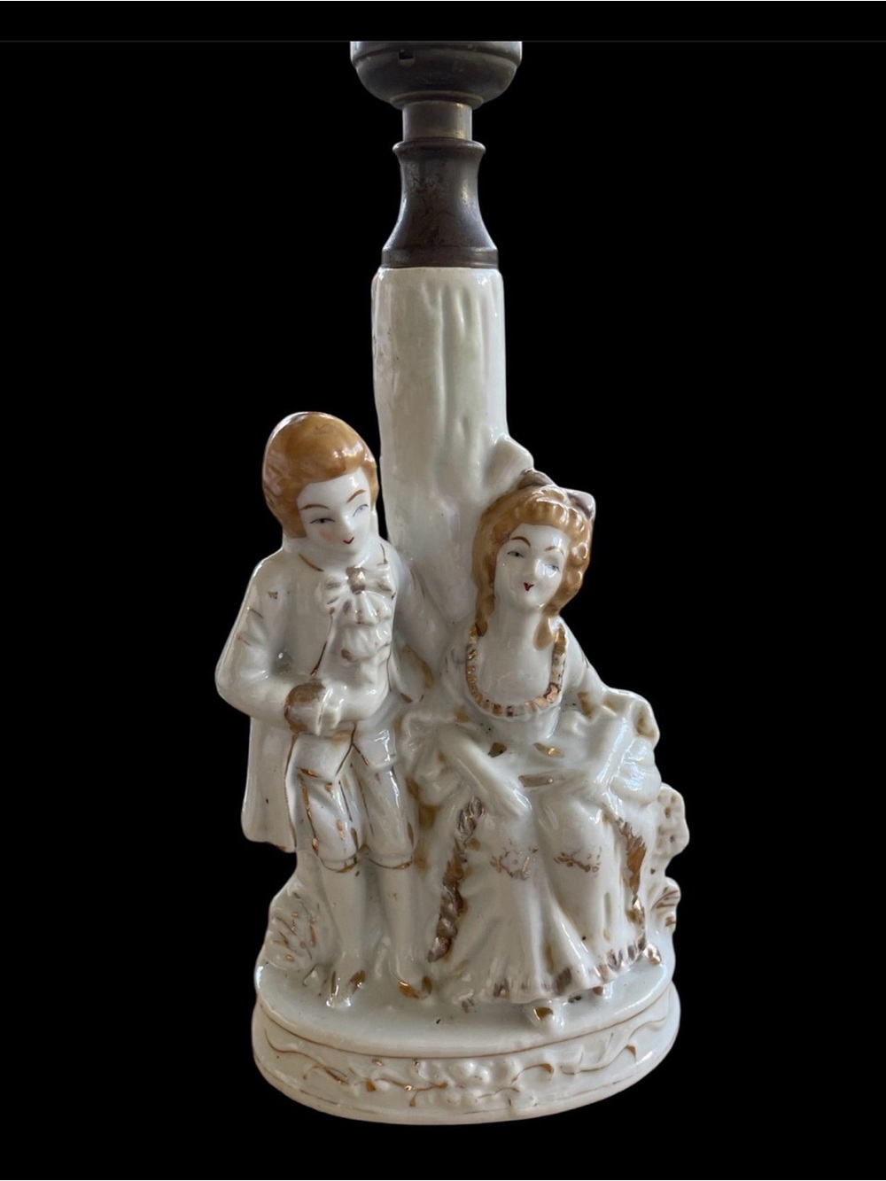 Porcelain Romantic Couple Figurine Lamp in White and Gold
